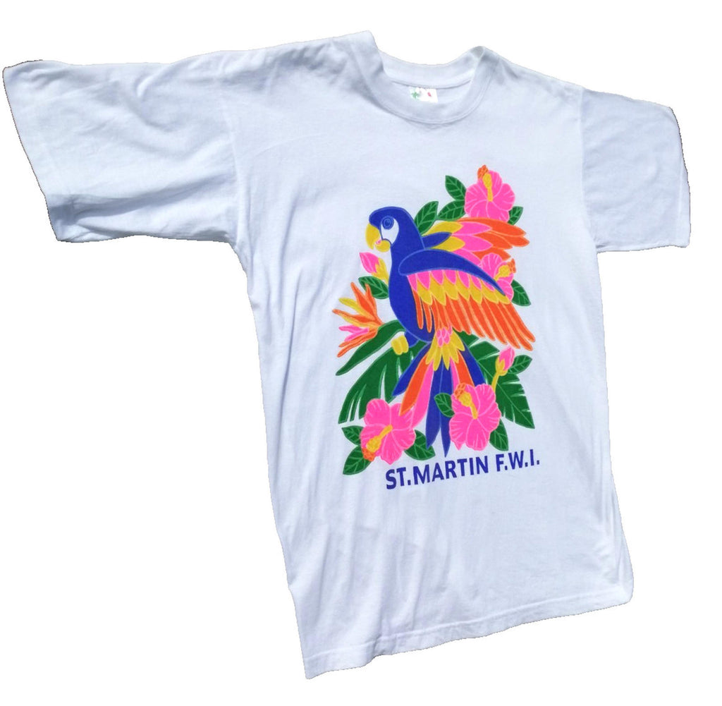 Colourful Parrot Caribbean Graphic Print T-Shirt Men's Size XL White Crew Neck