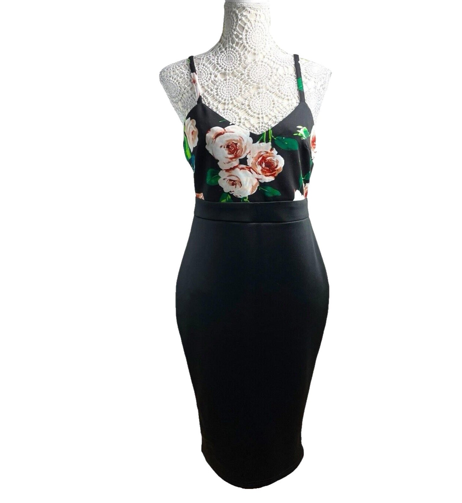 AX Paris Bodycon Dress Black Floral Top Detail Women’s UK Size 14