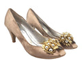 Jeckni Taupe Satin Slingback Court Shoes Women's UK Size 6.5 Gold Floral Corsage