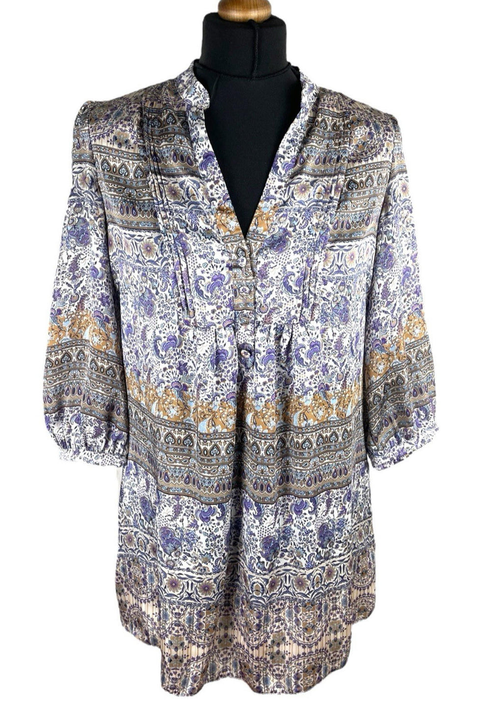 Wallis Satin Tunic Top Women’s UK Size 10 Paisley 3/4 Blouson Sleeves V-Neckline