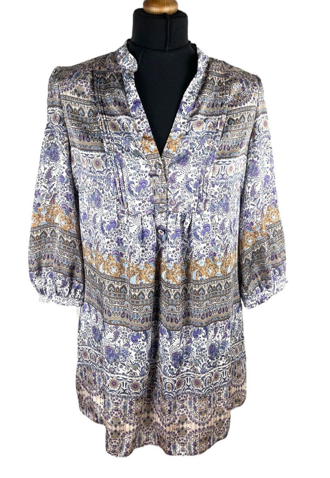 Wallis Satin Tunic Top Women’s UK Size 10 Paisley 3/4 Blouson Sleeves V-Neckline