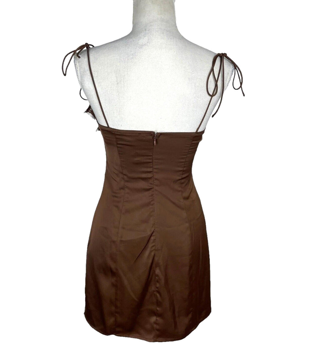PLT Mini Dress Women's UK Size 8 Chocolate Satin Lace Cup Detail Tie Shoulder