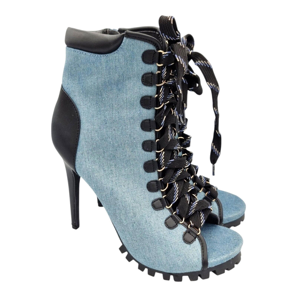 Denim Stiletto Shoe Women's UK Size 6.5 Open Toe Heel Lace Up Zip Fastening Boot