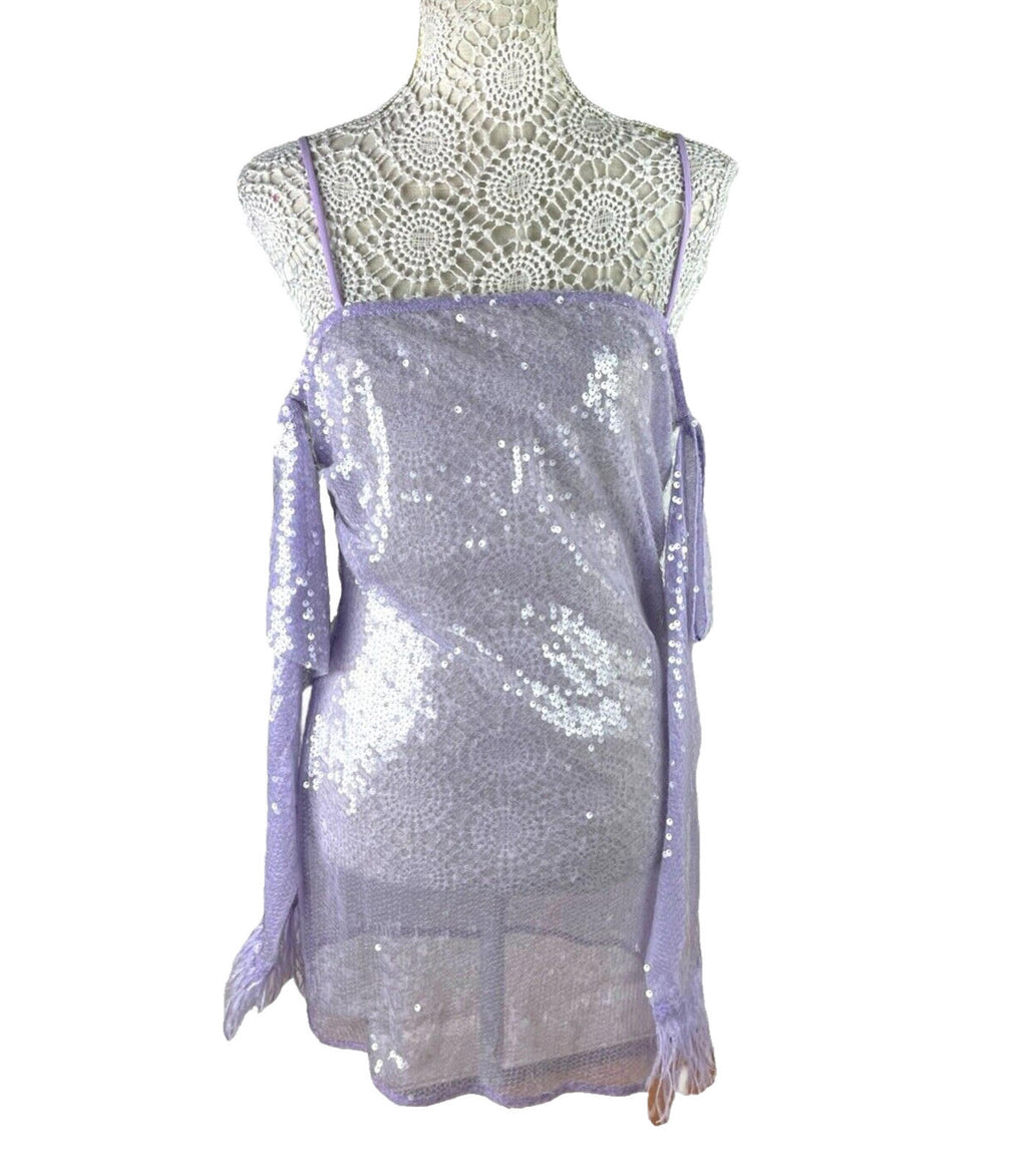 Lilac Full Sheer Sequin Mini Dress Feather Detail Women’s UK Size 8