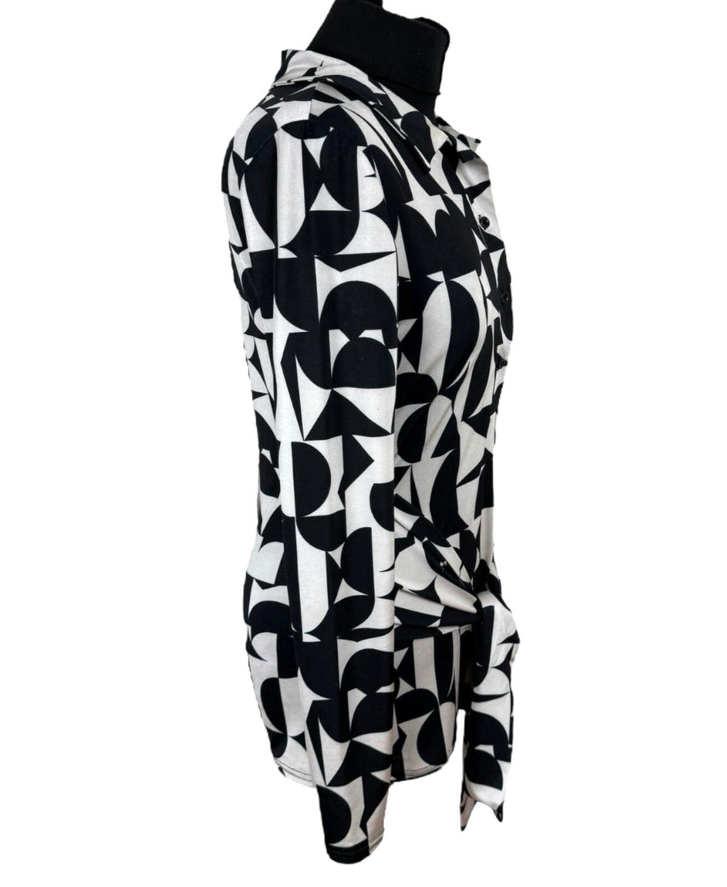 River Island Blouse Women’s UK Size 10 Black White Graphic Print Belted Collared