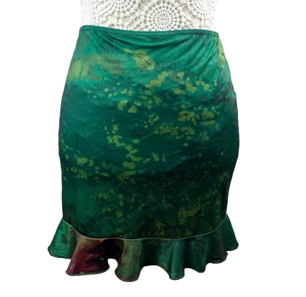 Manor Mini Skirt Dark Green Satin High Waist Frilled Hem Women’s UK Size 8