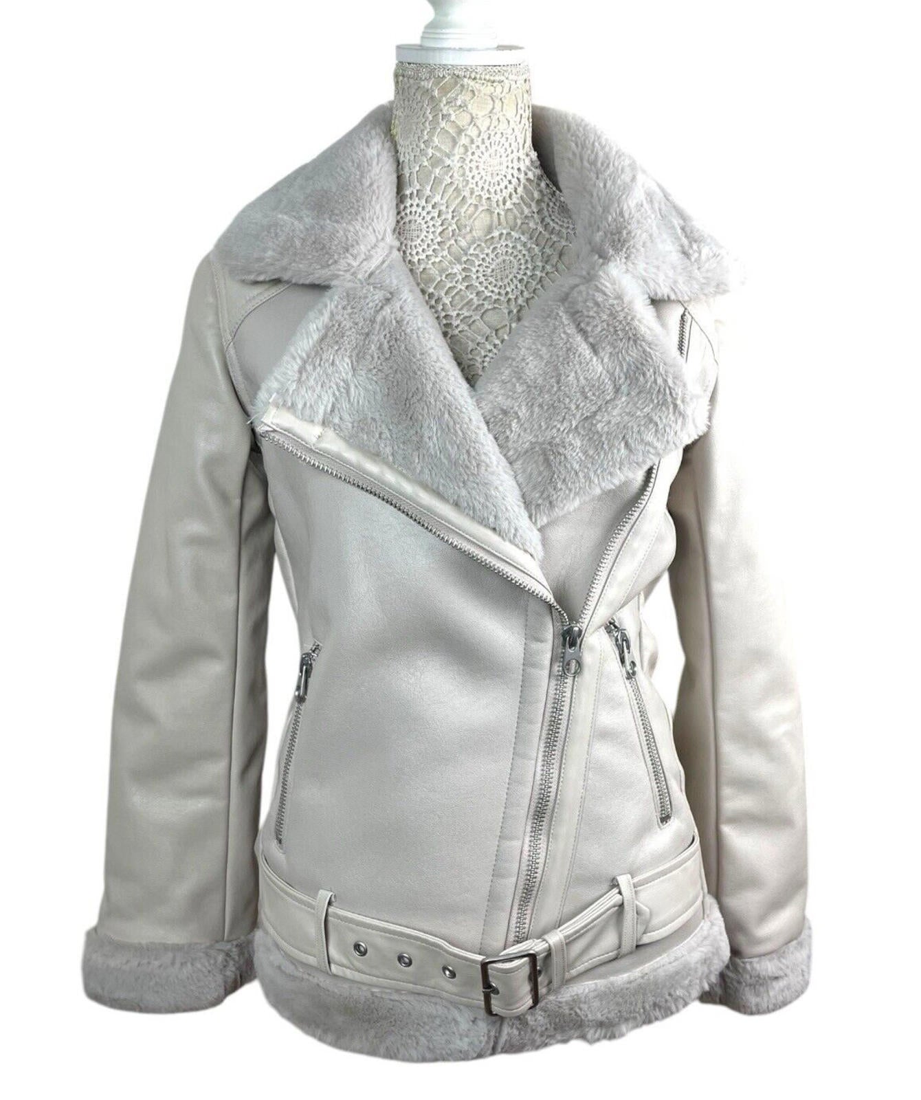 Divided Greige Faux Leather Jacket Fur Trim Collar Women’s UK Size XXS