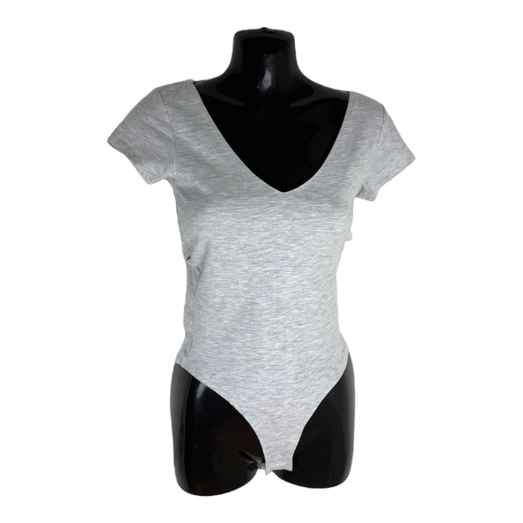 New Look Bodysuit Women's UK Size 6 Grey Jersey V Neck Short Sleeve Snap Summer