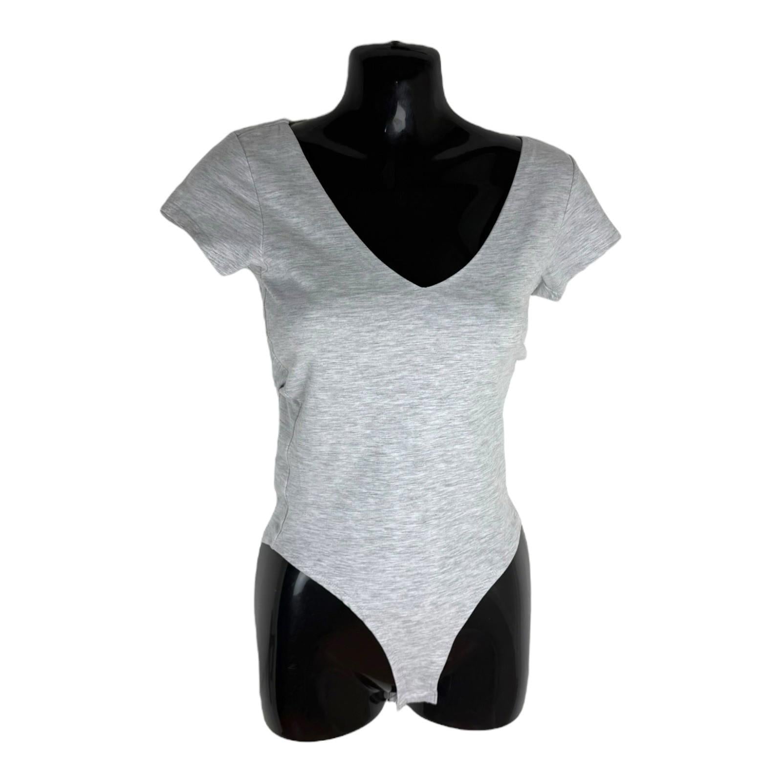 New Look Bodysuit Women's UK Size 6 Grey Jersey V Neck Short Sleeve Snap Summer