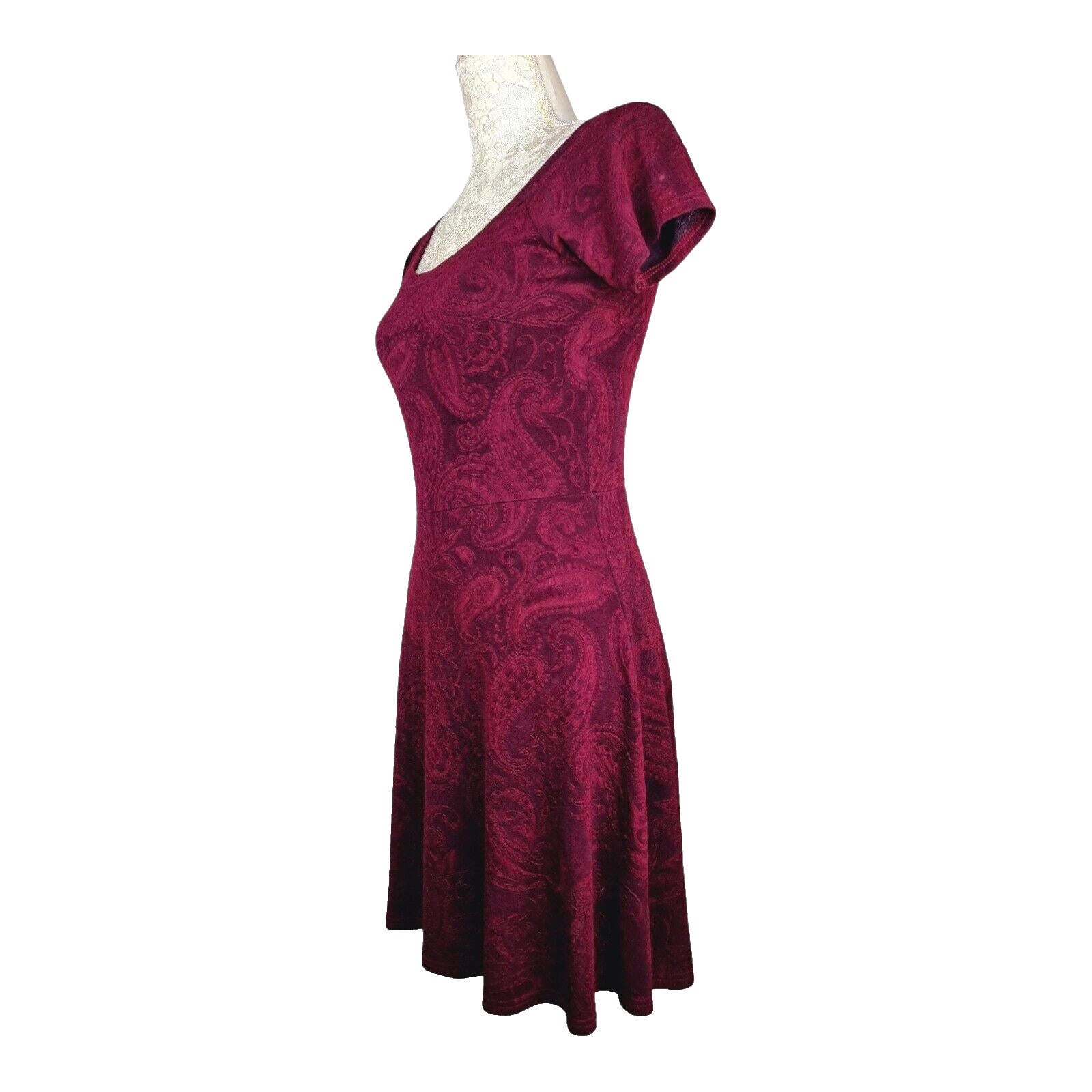 Miss Selfridge Fit & Flare Paisley Mini Dress Women's UK Size 12 Burgundy Red