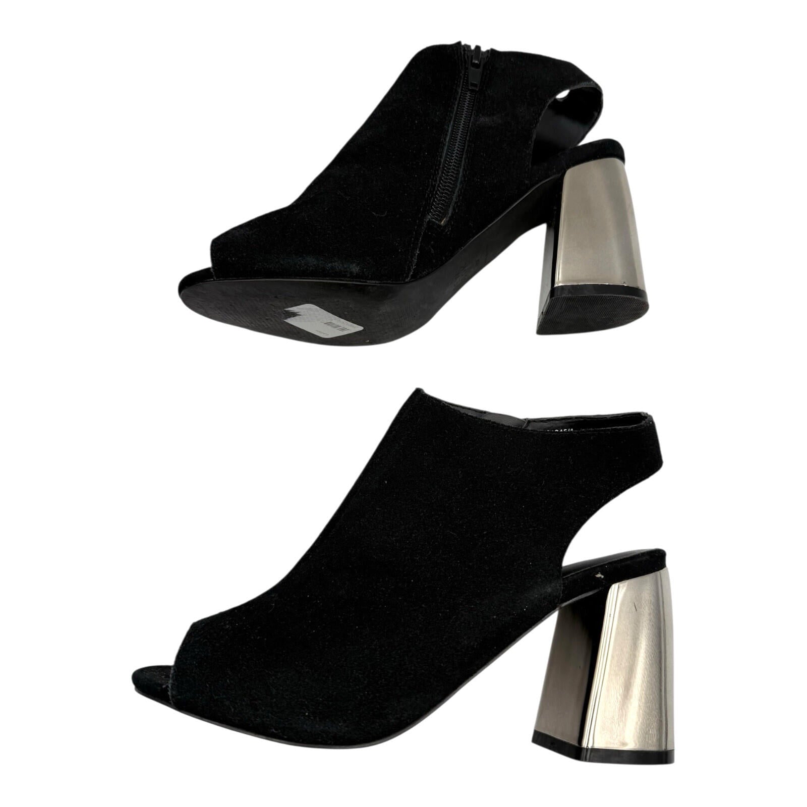NewLook Peep Toe Ankle Boots Women’s UK Size Mirrored Silver Block Heel Black
