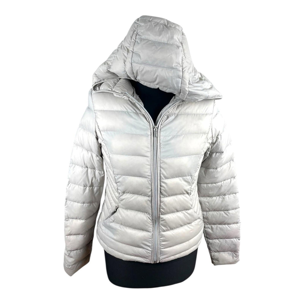 Grey Beige Padded Jacket Duck Feather Quilted Hooded Zip Up Women’s UK Size S