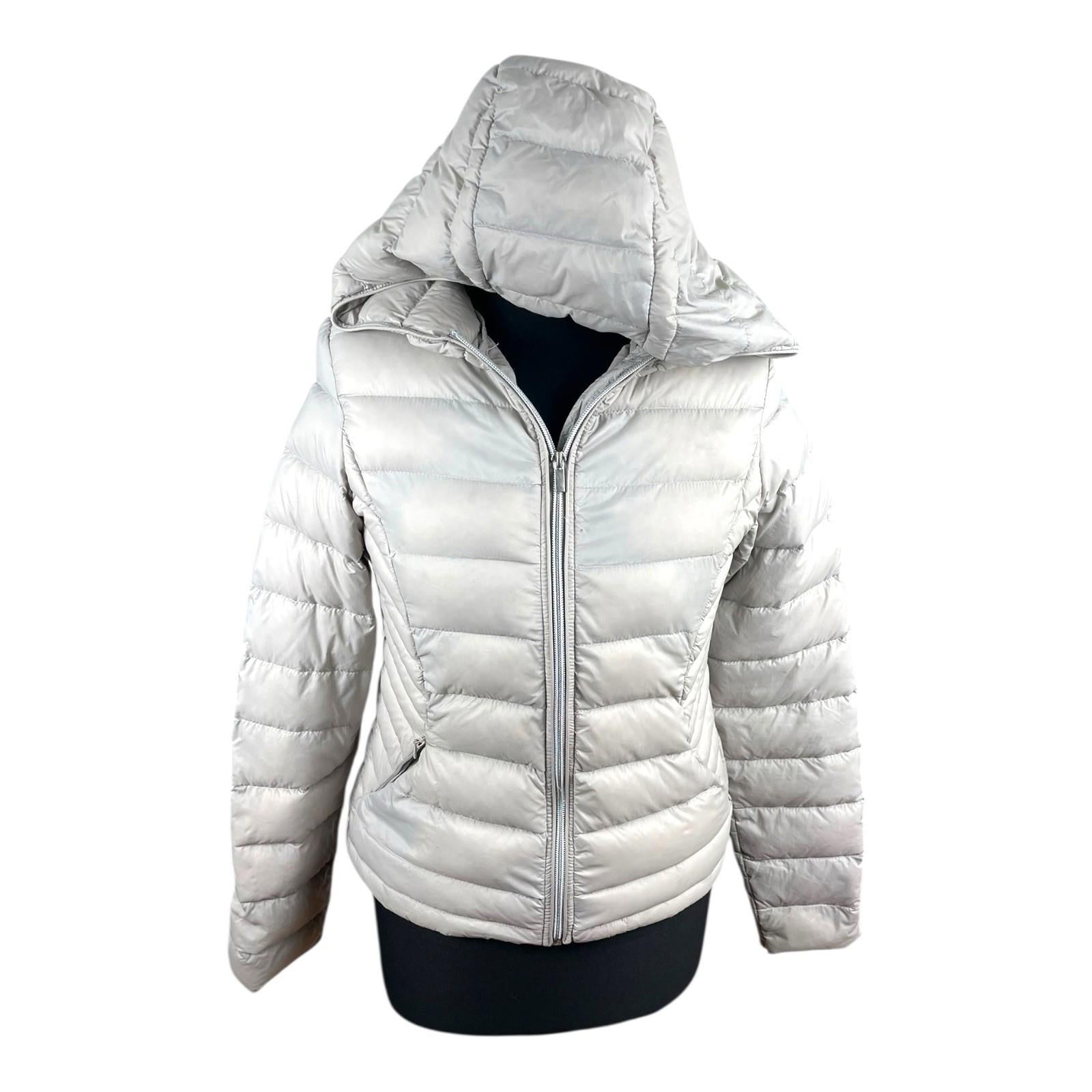 Grey Beige Padded Jacket Duck Feather Quilted Hooded Zip Up Women’s UK Size S
