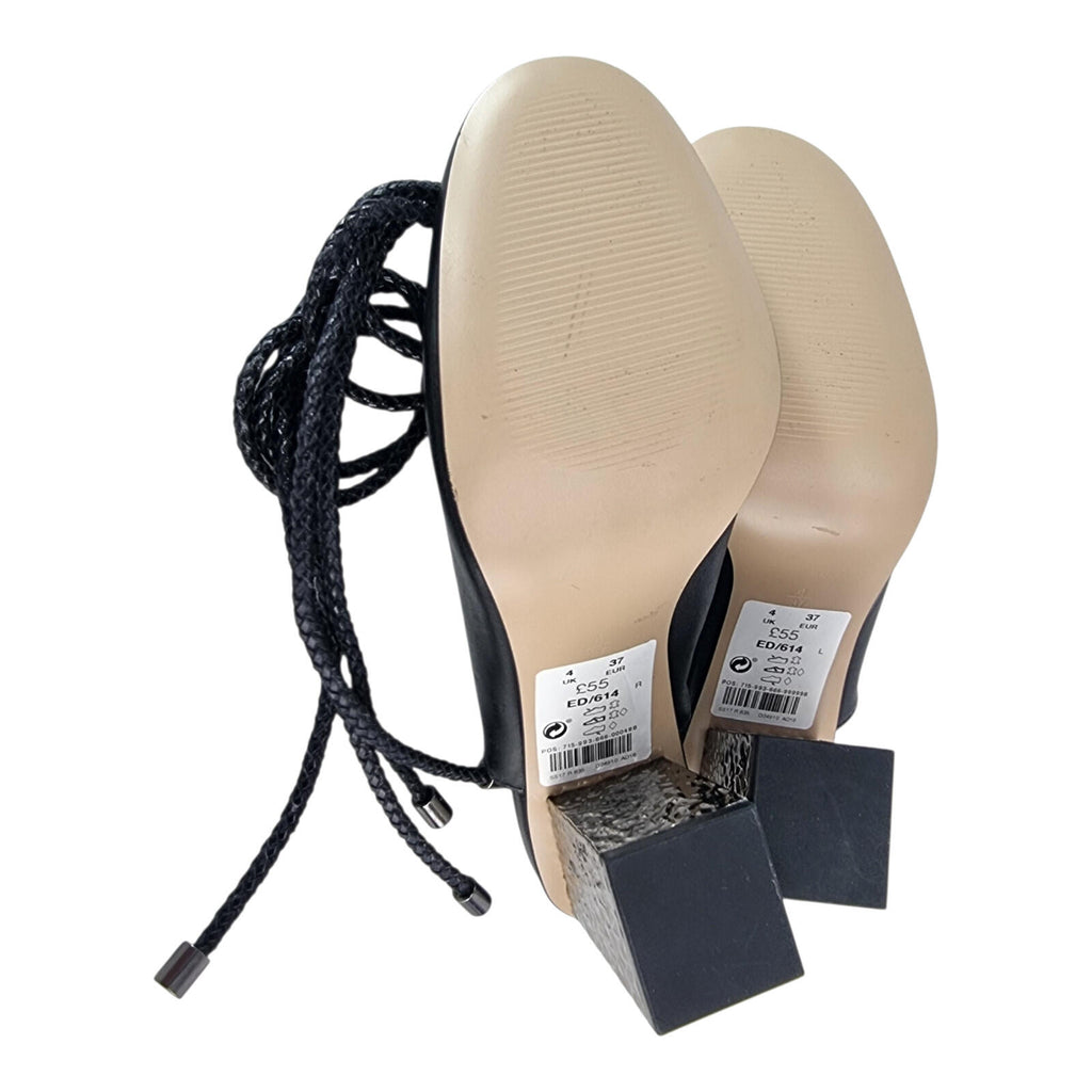 Next Signature Black Block Heels Women's UK Size 4 Ankle Straps Hammered Silver