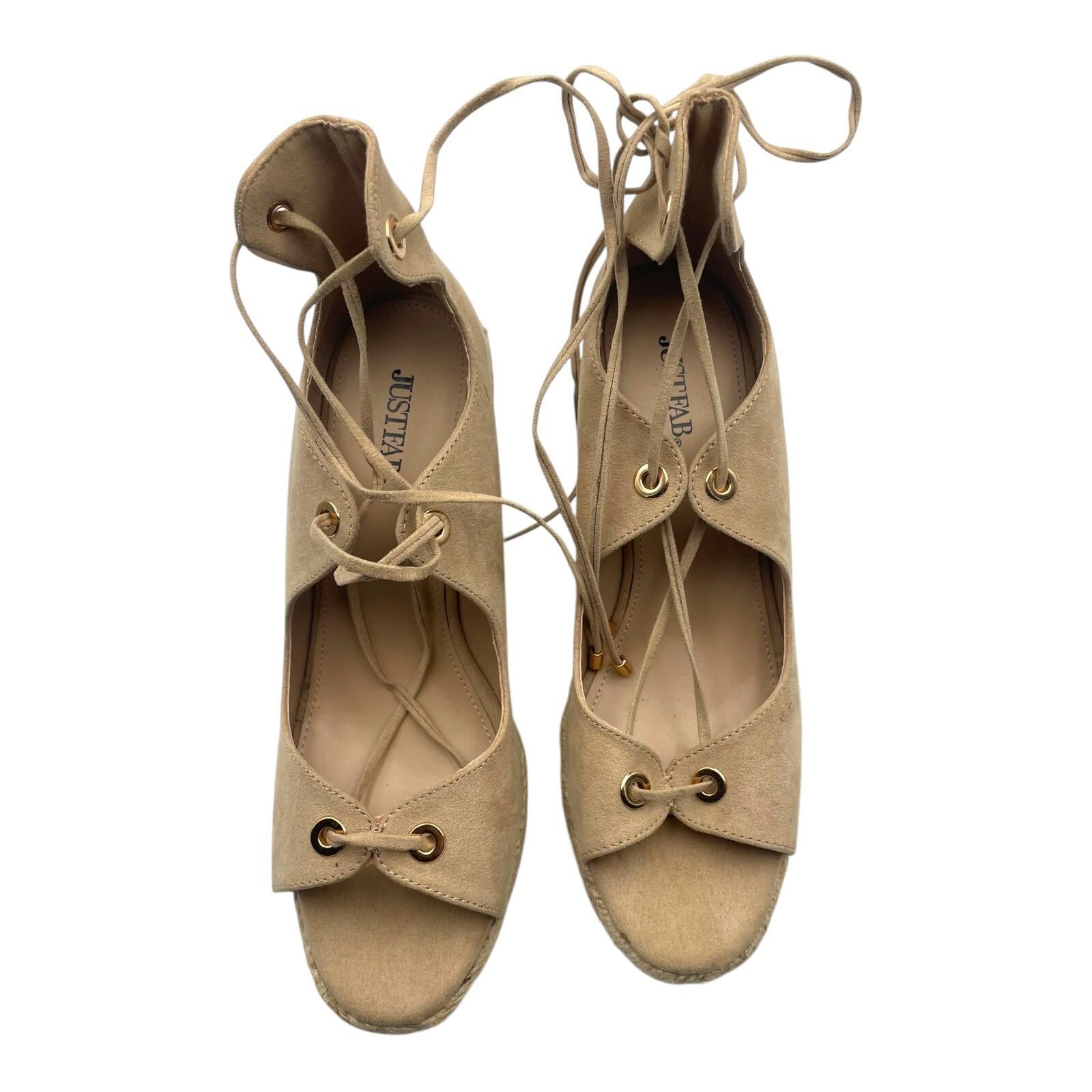Just Fab Wedge Espadrille Shoes Women’s UK Size 6 Beige Suede Lace-Up Ankle