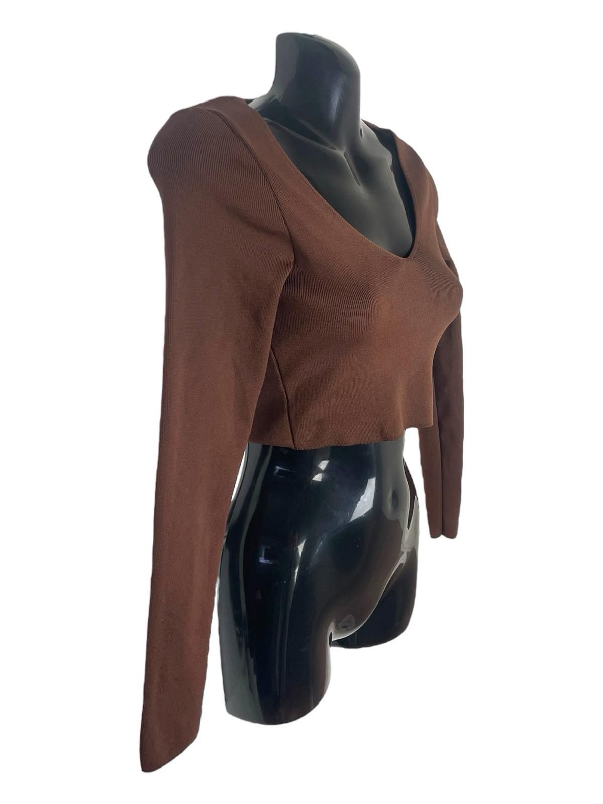 Stradivarius Brown Long Sleeve Crop Top V Neck Women’s UK Size XS