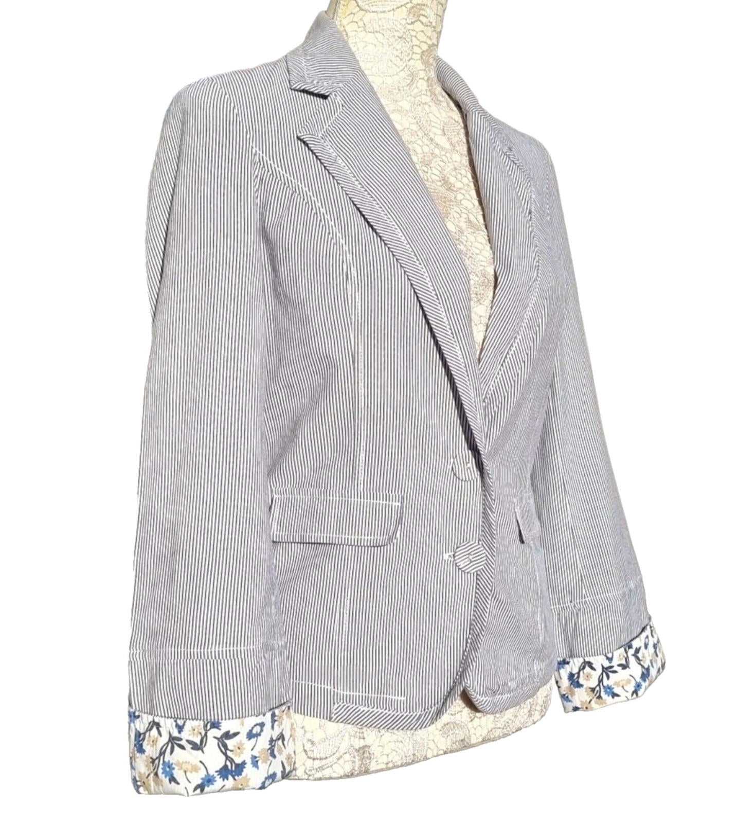 Blue Stripe Blazer Jacket Cotton White Pinstripes Size 10