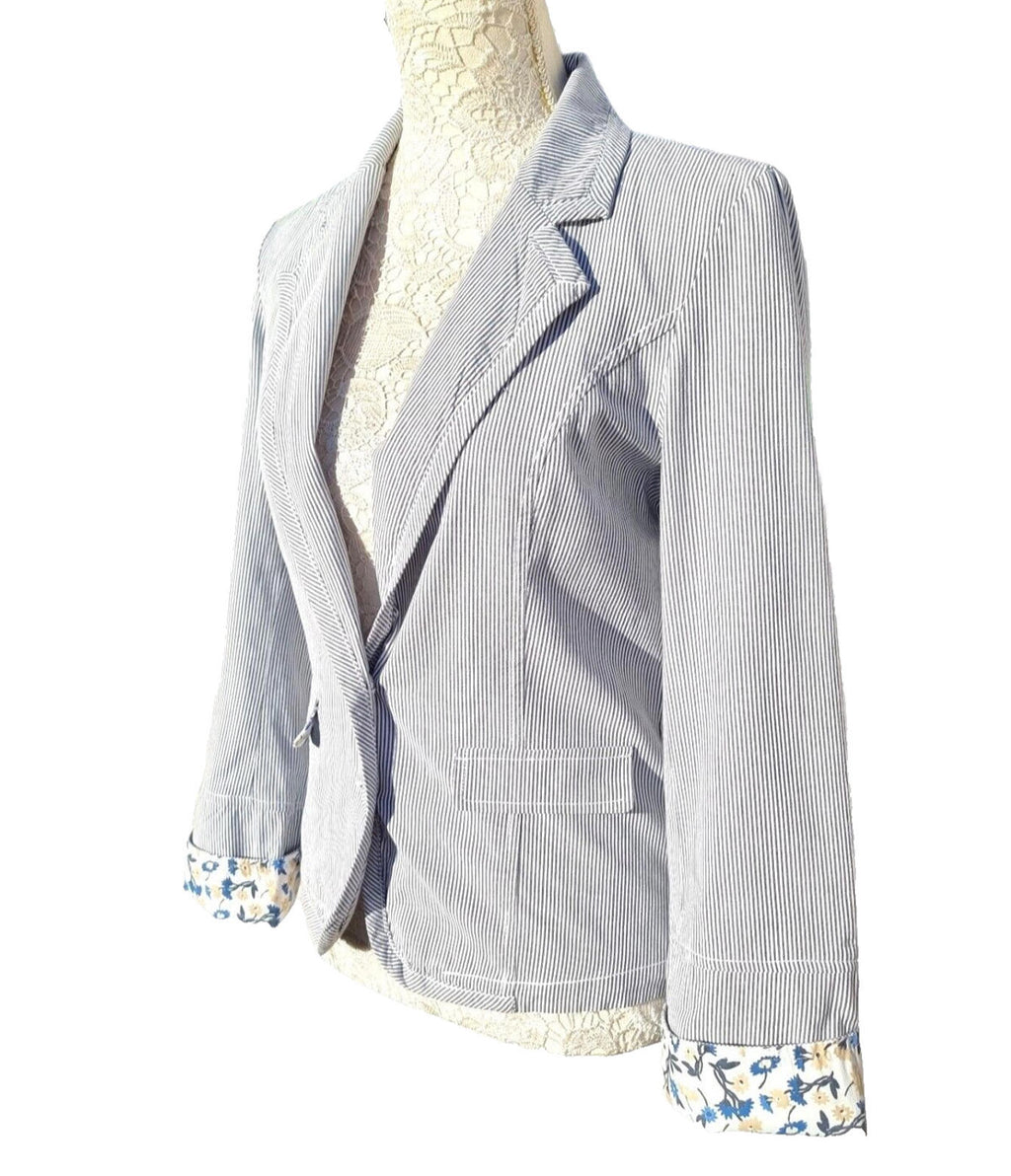 Blue Stripe Blazer Jacket Cotton White Pinstripes Size 10