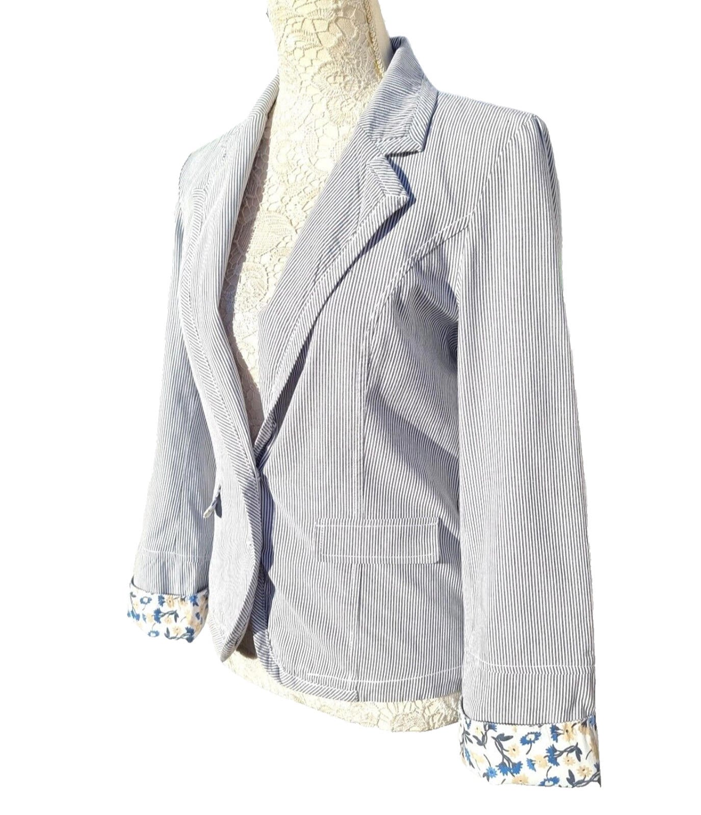 Blue Stripe Blazer Jacket Cotton White Pinstripes Size 10