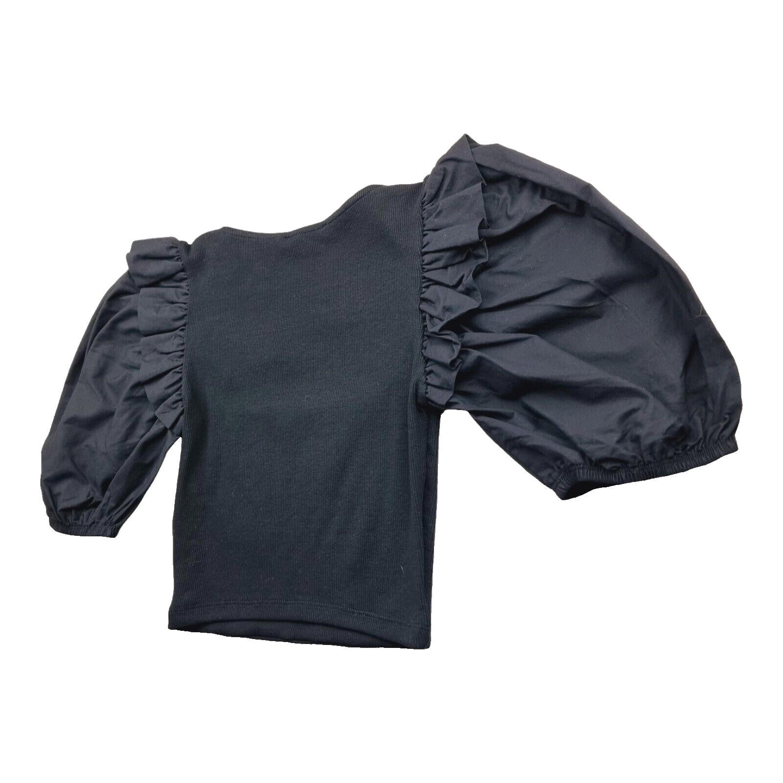Zara Crop Top Balloon Sleeve Black Ribbed Ruffle Women's UK Size Small S