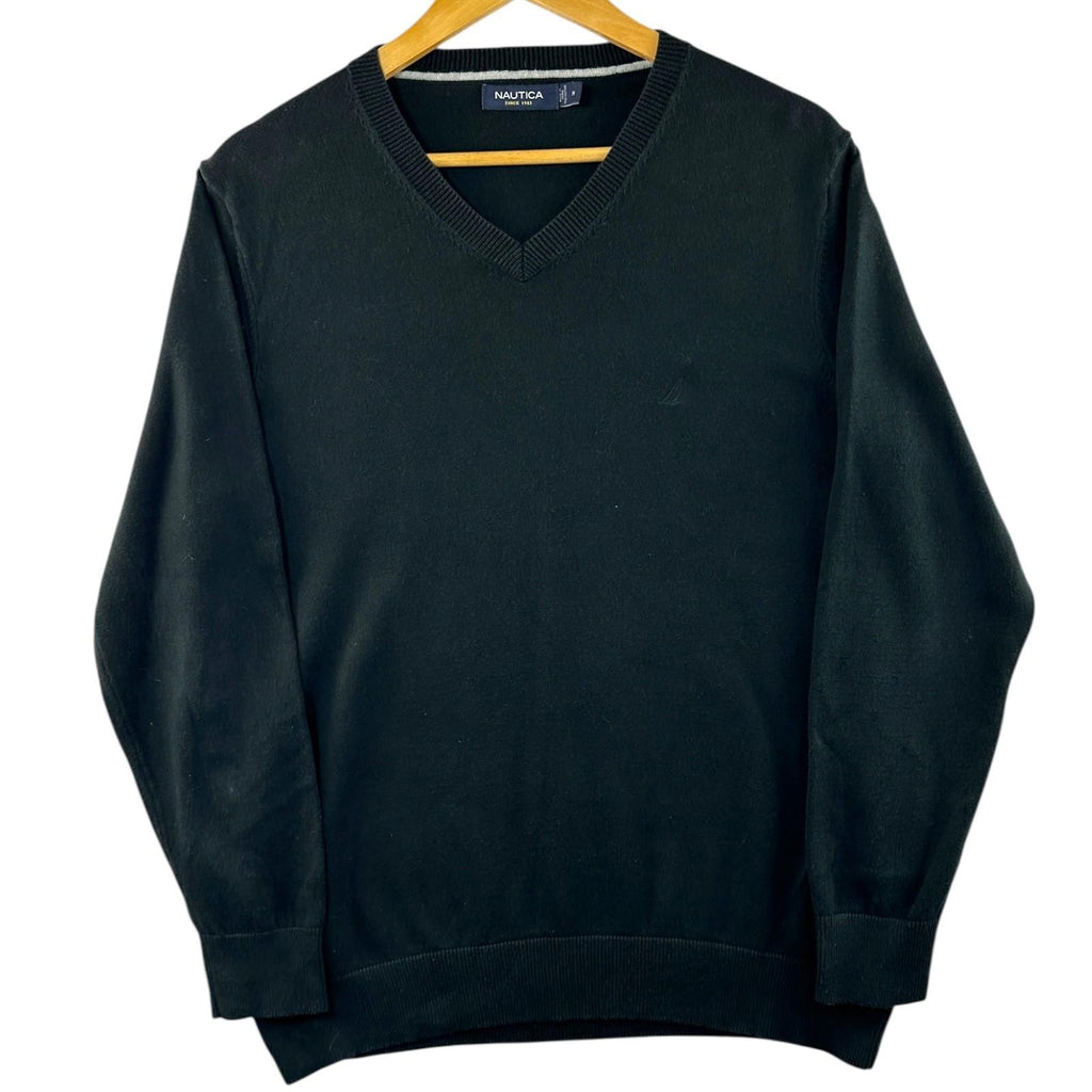 Nautica Knit Jumper Men's UK Size XL Black Long Sleeve 100% Cotton V-Neck