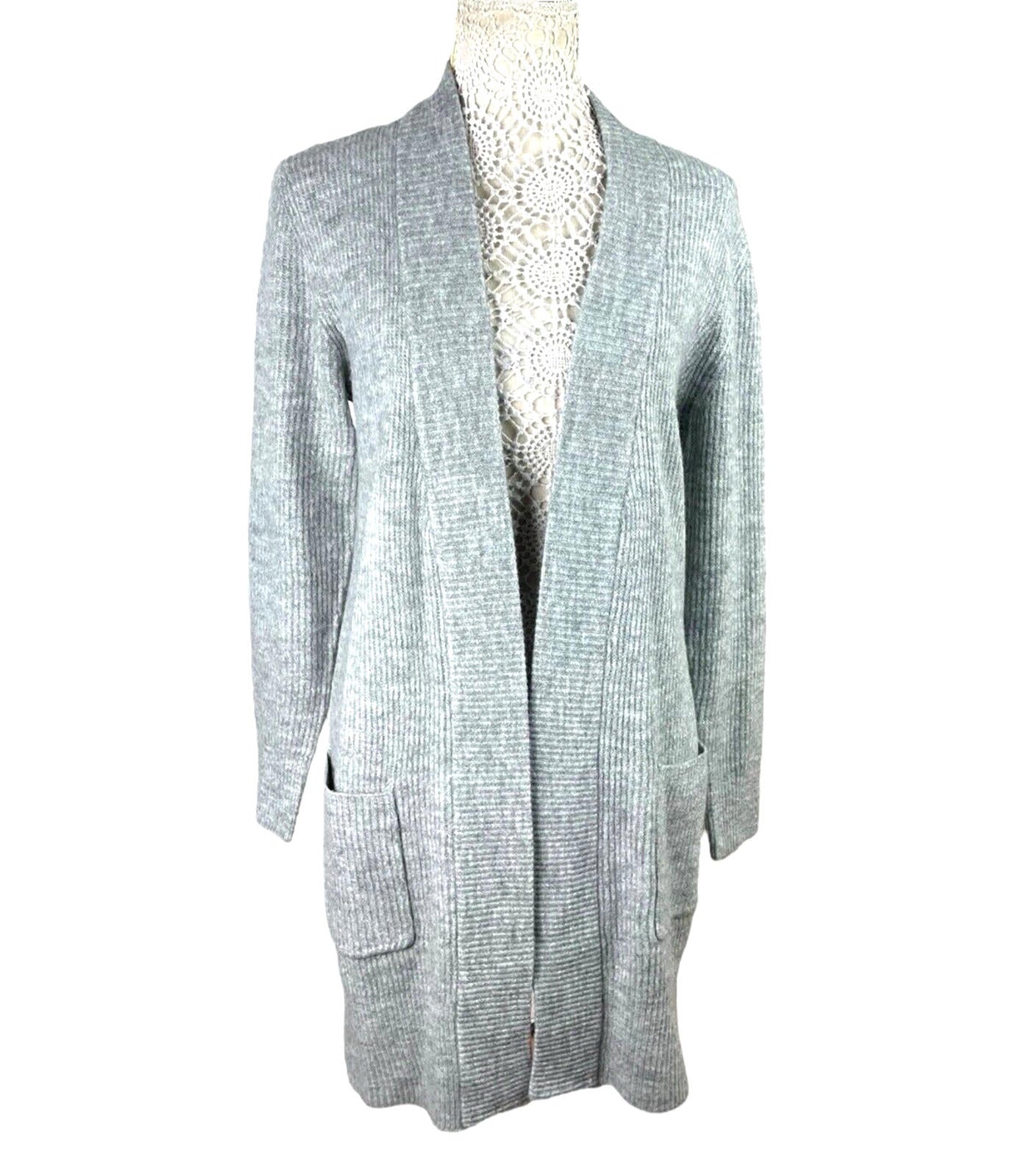 New Look Longline Knit Cardigan Women’s UK Size S Grey Ribbed Open Front Pockets