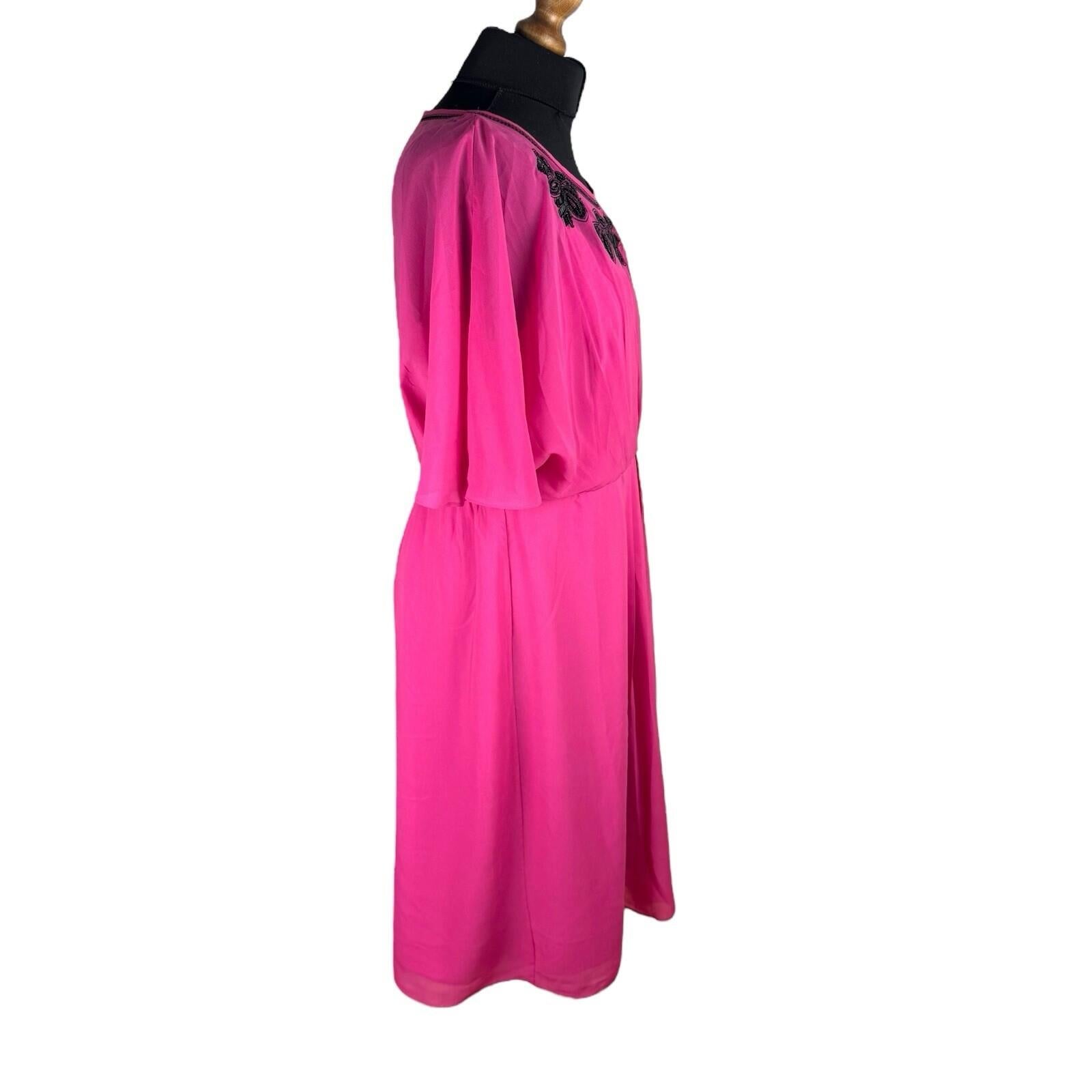 Monsoon Bright Pink Chiffon Midi Dress Beaded Women’s UK Size 16