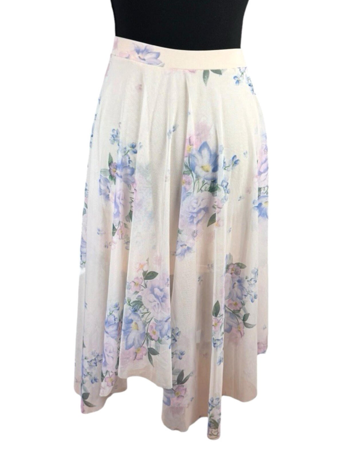 New Look Chiffon Midi Skirt Women’s UK Size 8 Elastic Waist Lined Floral Pastel