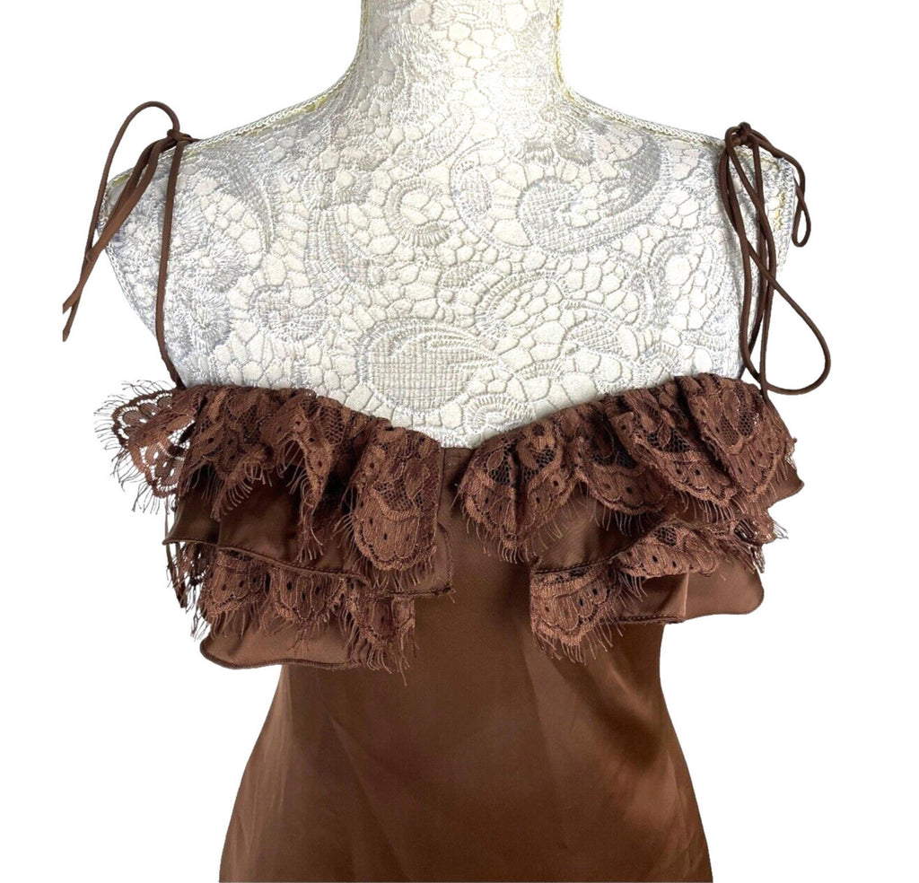 PLT Mini Dress Women's UK Size 8 Chocolate Satin Lace Cup Detail Tie Shoulder