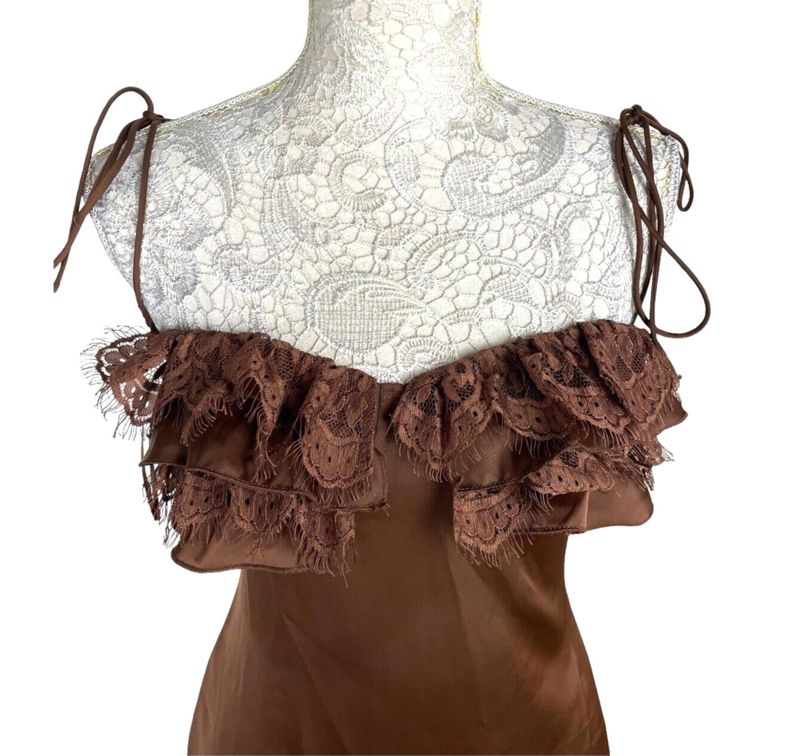 PLT Mini Dress Women's UK Size 8 Chocolate Satin Lace Cup Detail Tie Shoulder