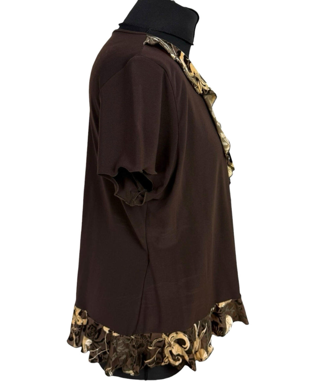 Saloos Skirt And Top Co Ord Set Women’s UK Size XL Stretch Floral Frill Brown