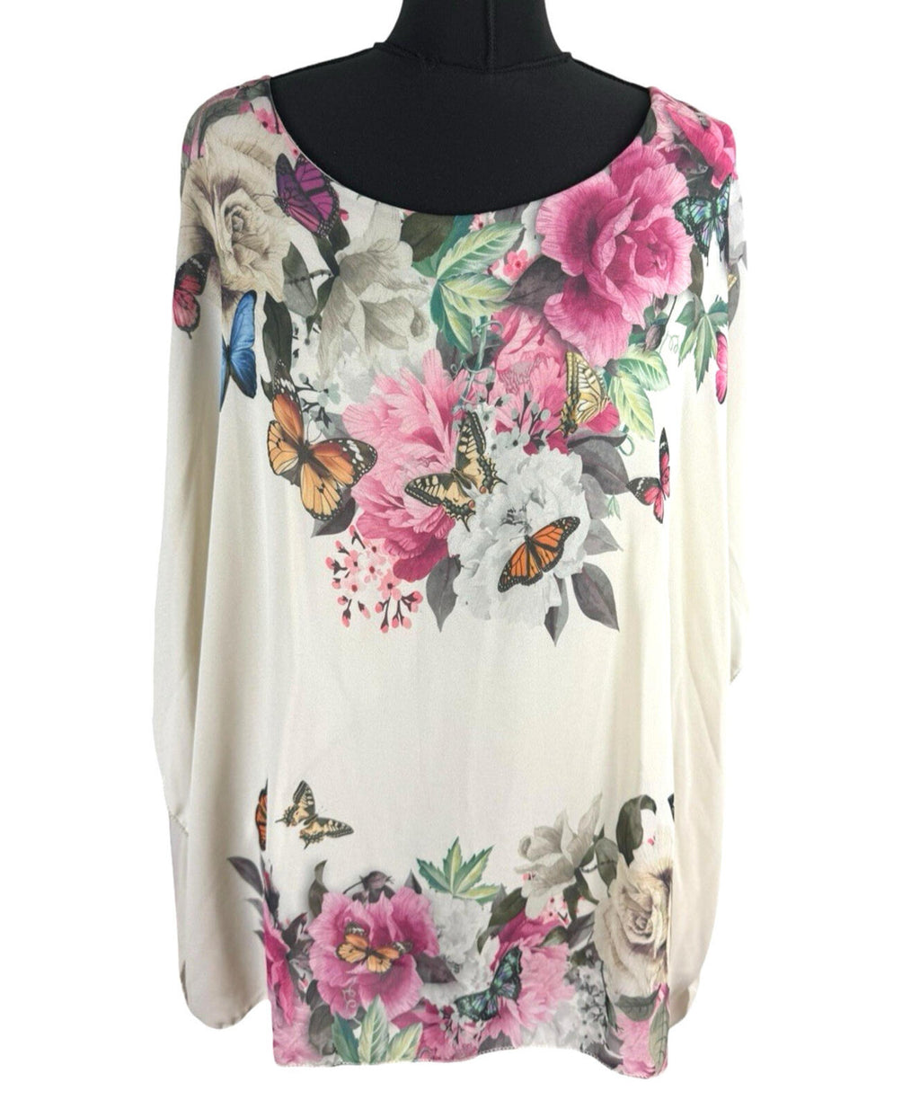 Floral Smock Blouse Top Women’s UK Size L Chiffon Relaxed Fit Lined Floral Beige