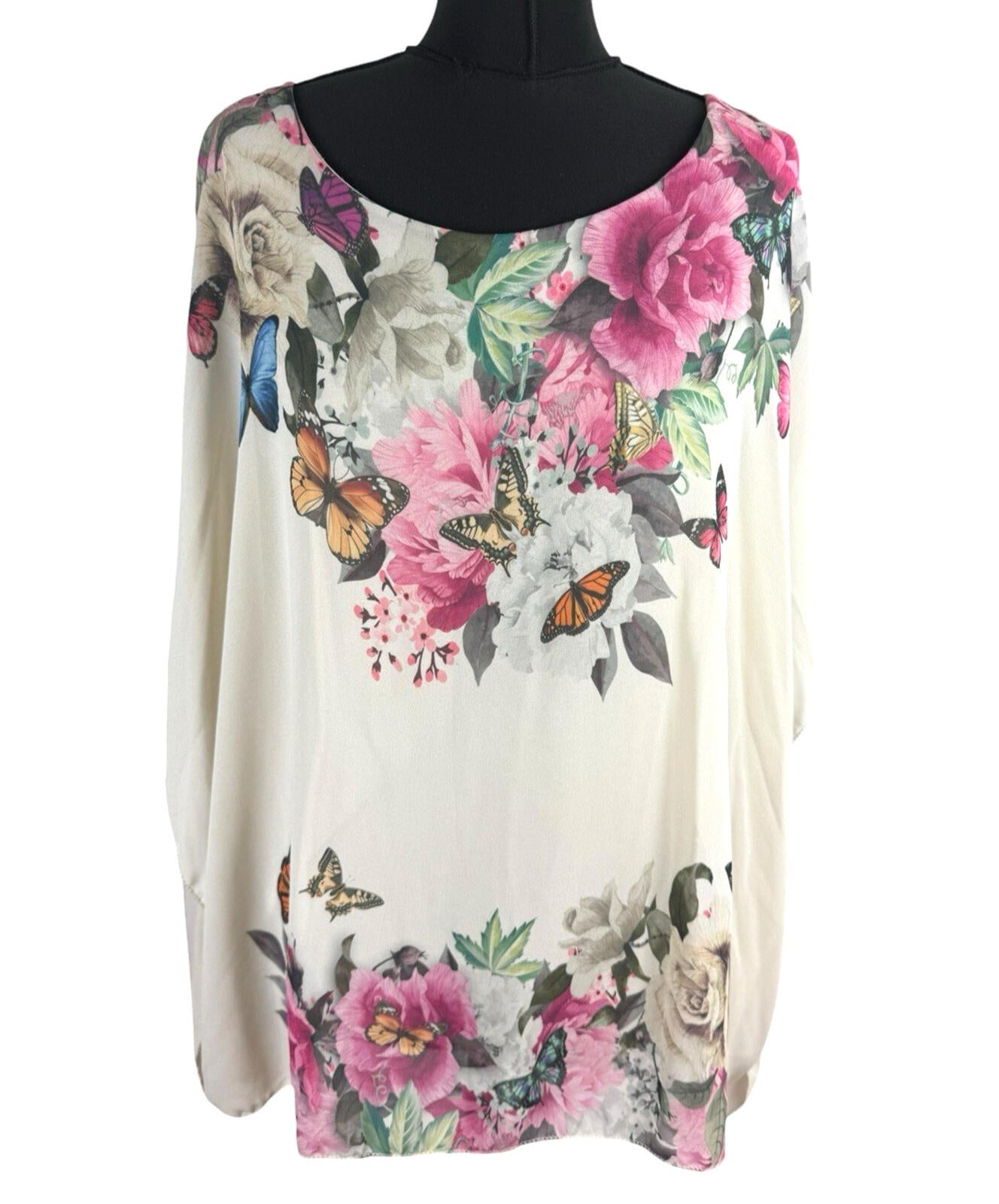 Floral Smock Blouse Top Women’s UK Size L Chiffon Relaxed Fit Lined Floral Beige