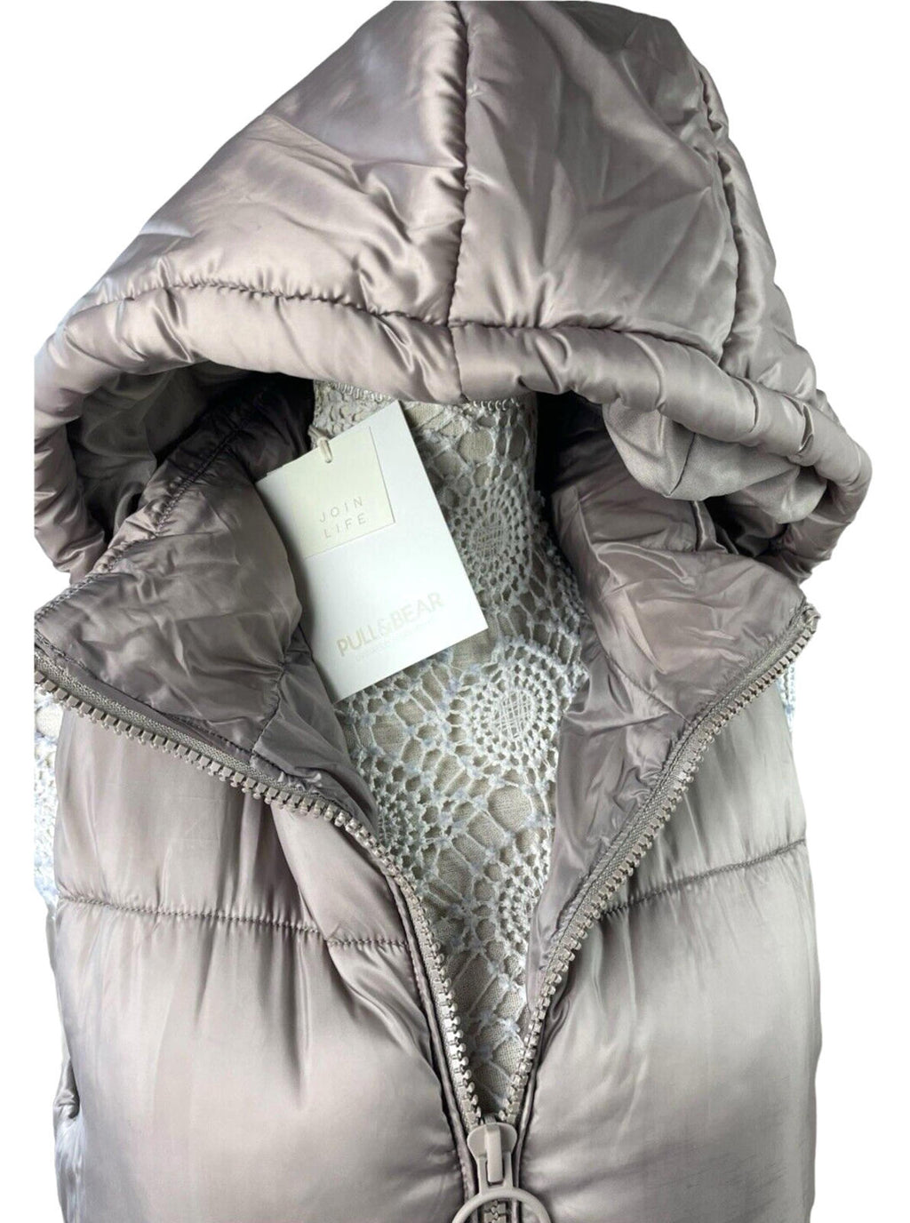 Pull & Bear Long Padded Gilet Women's UK Size XS Grey Hooded Sleeveless Puffer