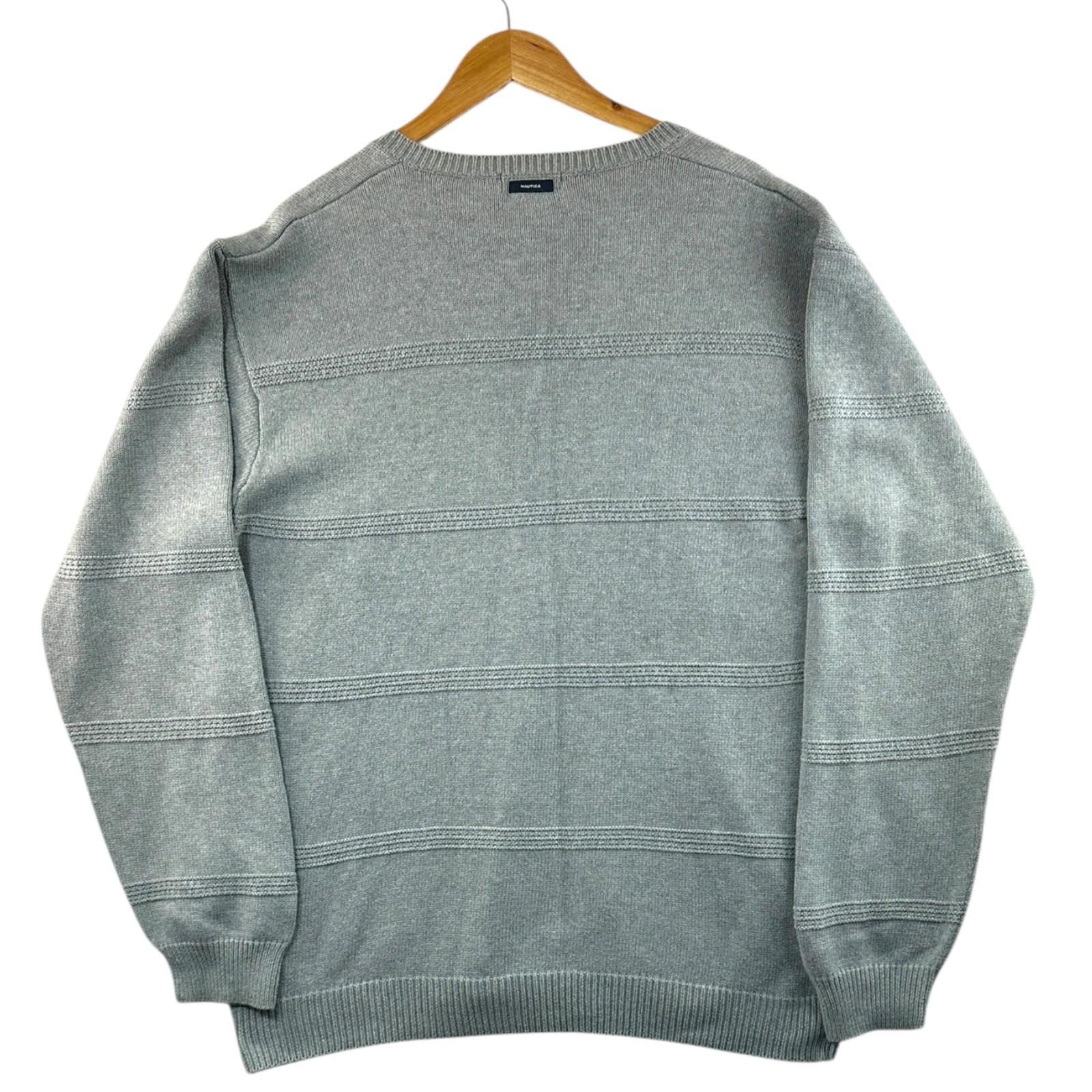 Nautica Knit Jumper Men's UK Size XL Grey Stripe Long Sleeve 100% Cotton Sweater