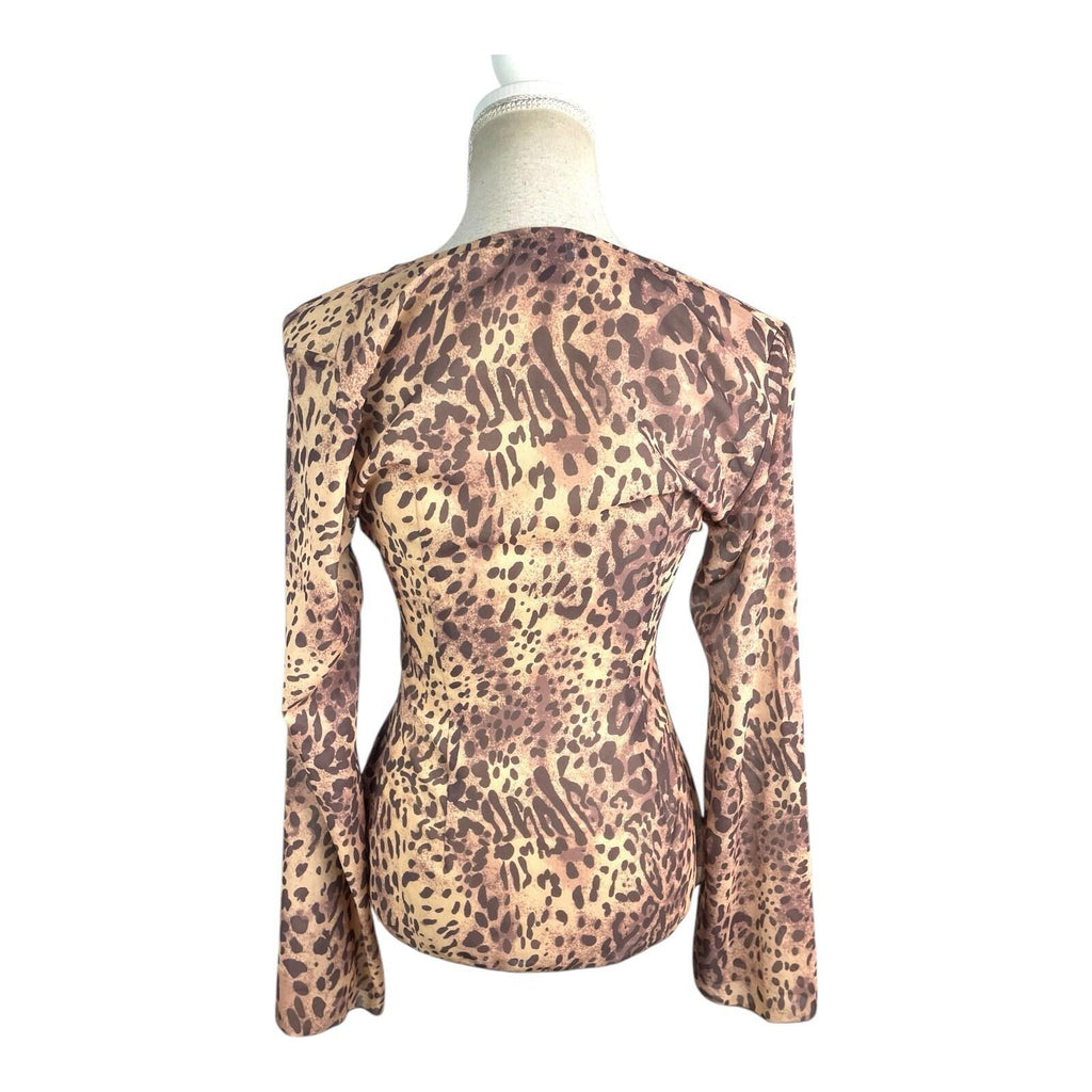 Pretty Little Thing Leopard Print Tie Front Blouse Women’s UK Size 8 Flared Cuff