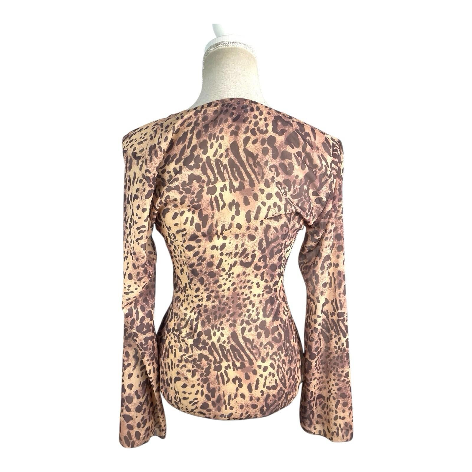Pretty Little Thing Leopard Print Tie Front Blouse Women’s UK Size 8 Flared Cuff
