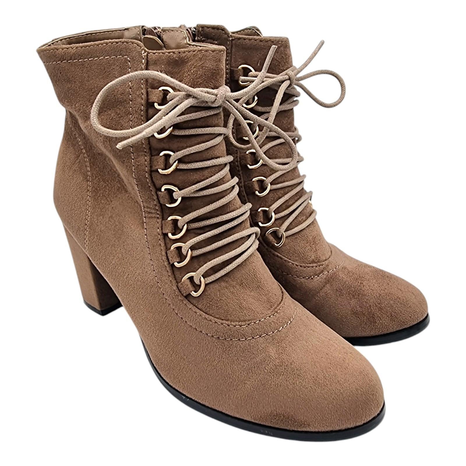 Laura Mode Beige Suede Lace Up Ankle Boots Women's UK Size 6.5 Block Heel Zip
