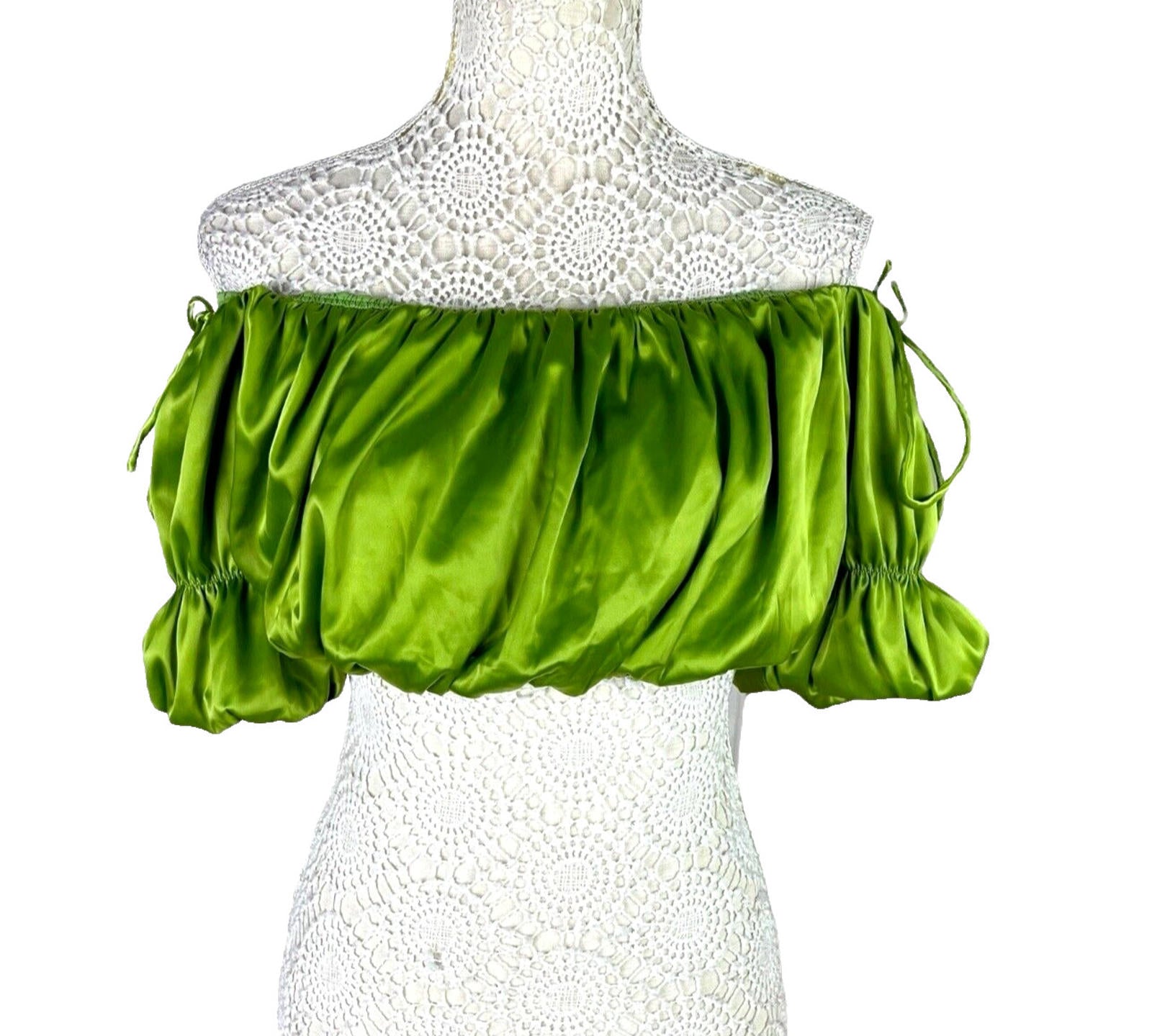 Pretty Little Thing Ruffle Satin Crop Top Green Off Shoulder Women’s UK Size 8