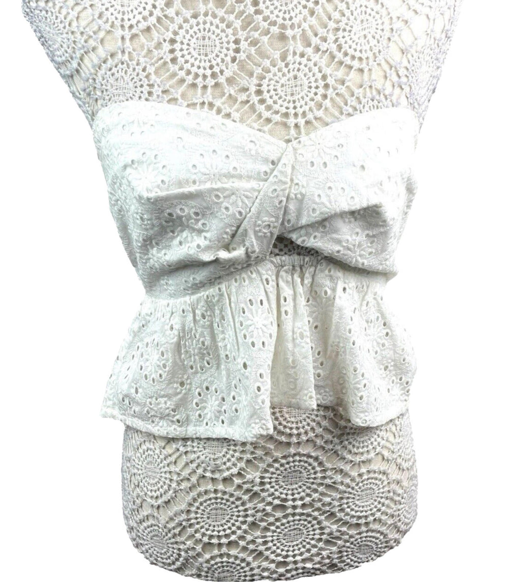 White Strapless Peplum Top Embroidered Daisy Design Women’s UK Size 8
