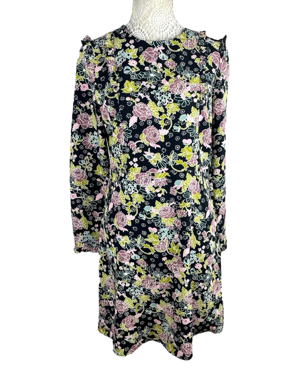 Red Herring Black Floral Dress High Neck Knee Length Women’s UK Size 12