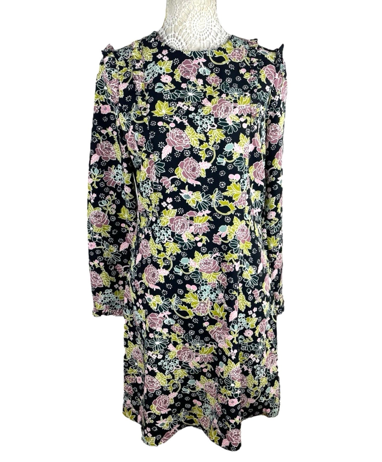 Red Herring Black Floral Dress High Neck Knee Length Women’s UK Size 12