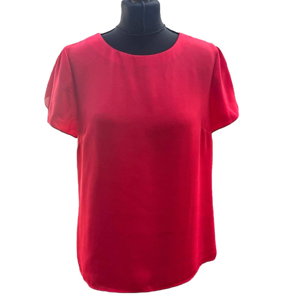 Oasis Bright Red Chiffon Top Short Frill Sleeve Round Neck Women’s UK Size 12