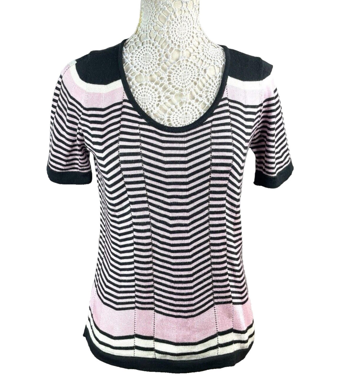 BHS Knit T-Shirt Blouse Top Women’s UK Size 14 Chevron Pattern Scoop Neck Trim