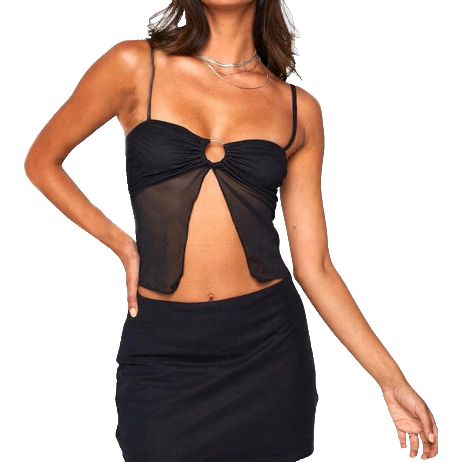 Black Sheer Camisole Top Gold D Ring Women’s UK Size S
