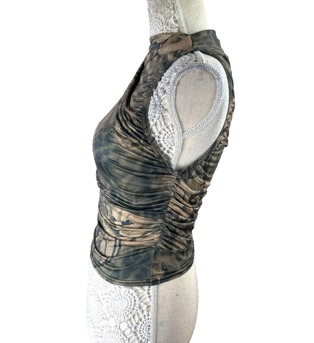 Pretty Little Thing Kahki Satin Tank Top High Neck Stretch Women’s UK Size 8