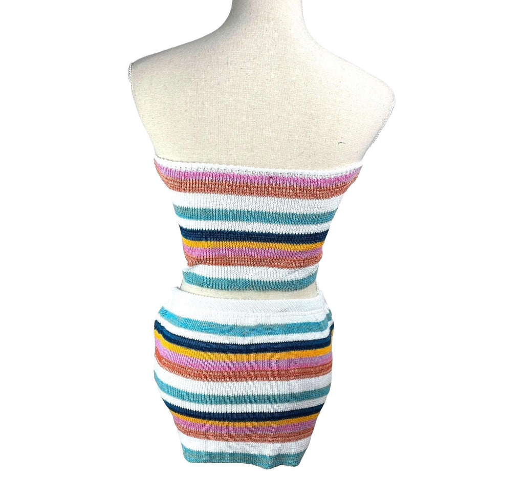 Striped Crochet Knit Two-Piece Set Women’s UK Size 8 Bandeau Crop Top & Skirt