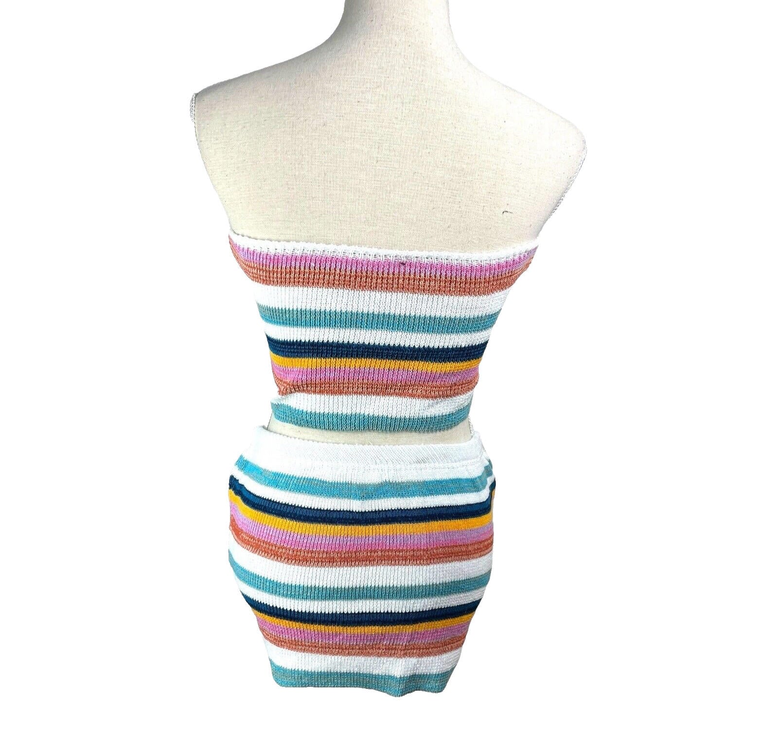 Striped Crochet Knit Two-Piece Set Women’s UK Size 8 Bandeau Crop Top & Skirt
