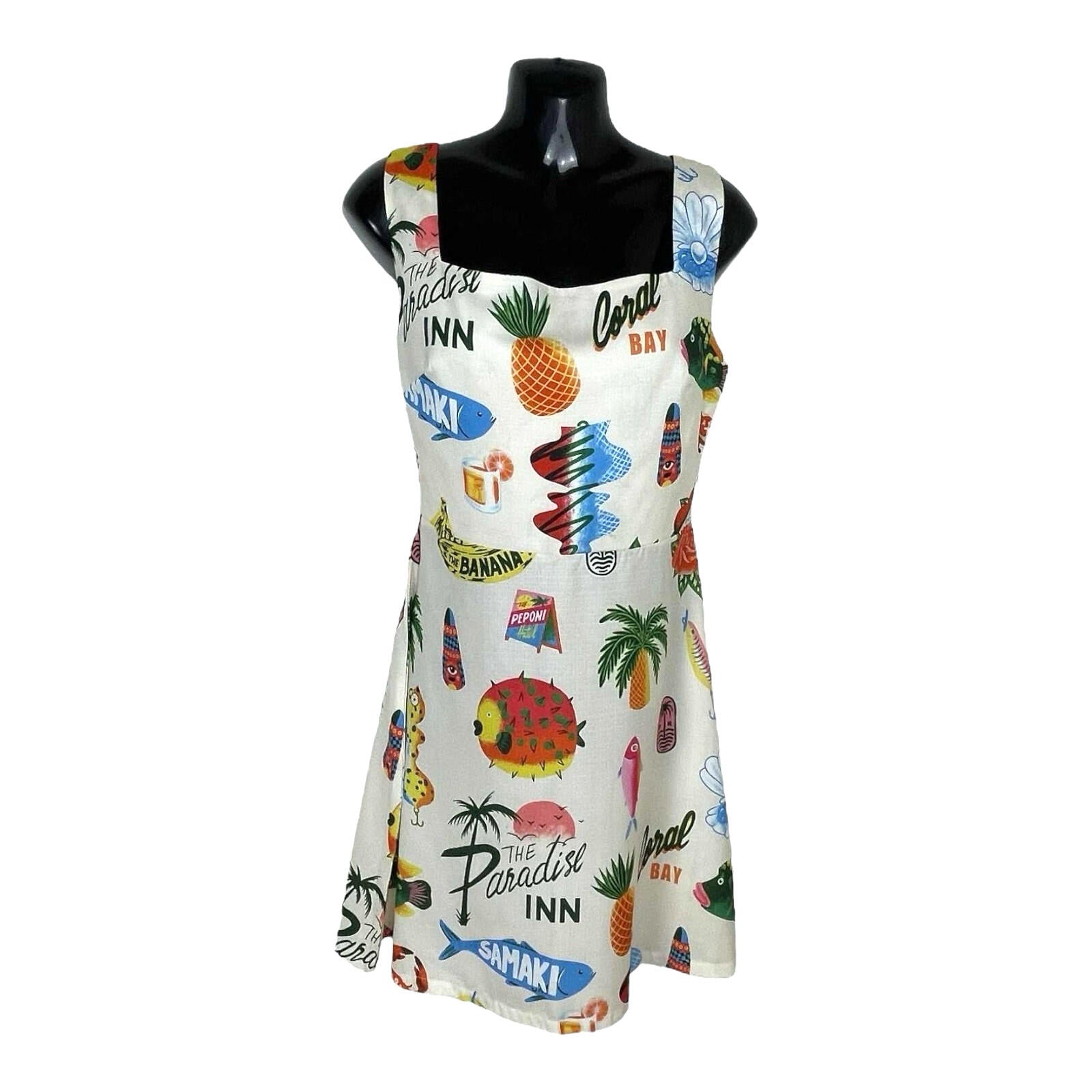Comense Retro Summer Dress Women’s UK Size M Lace Up Back Mini Multicolour Print