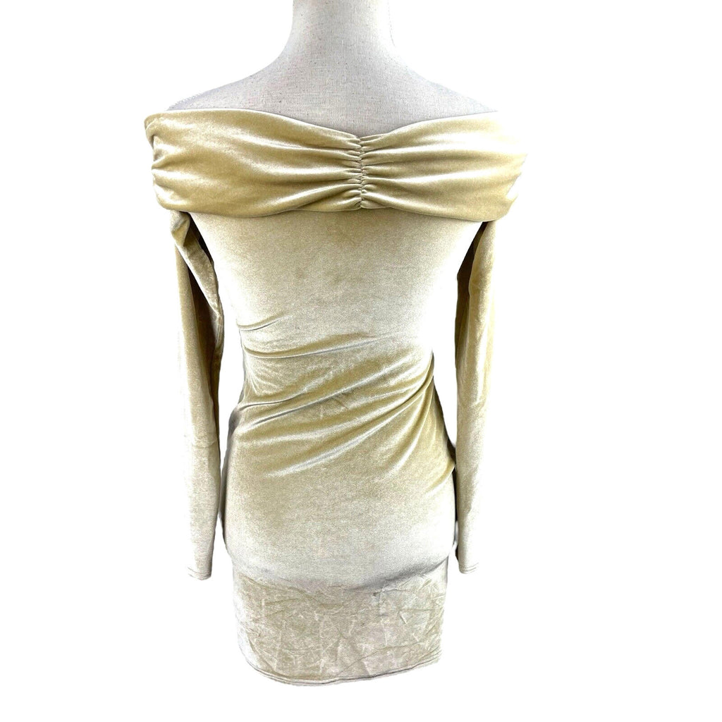 Gold Velour Cut Out Mini Dress Off Shoulder Ruffle Women’s UK Size 8